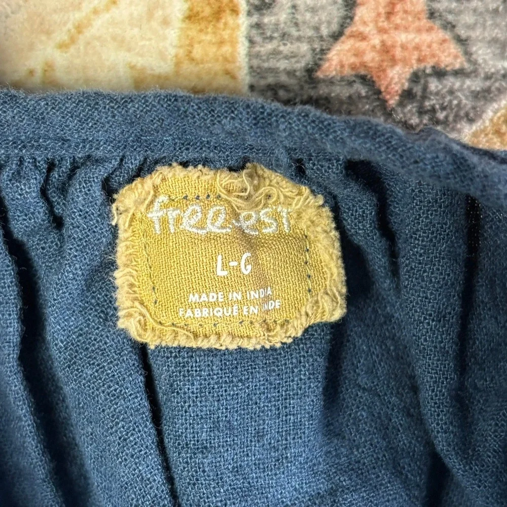 Free-est Free People Navy Blue Linen Pleated Puff Sleeve Mini Dress Tunic Large